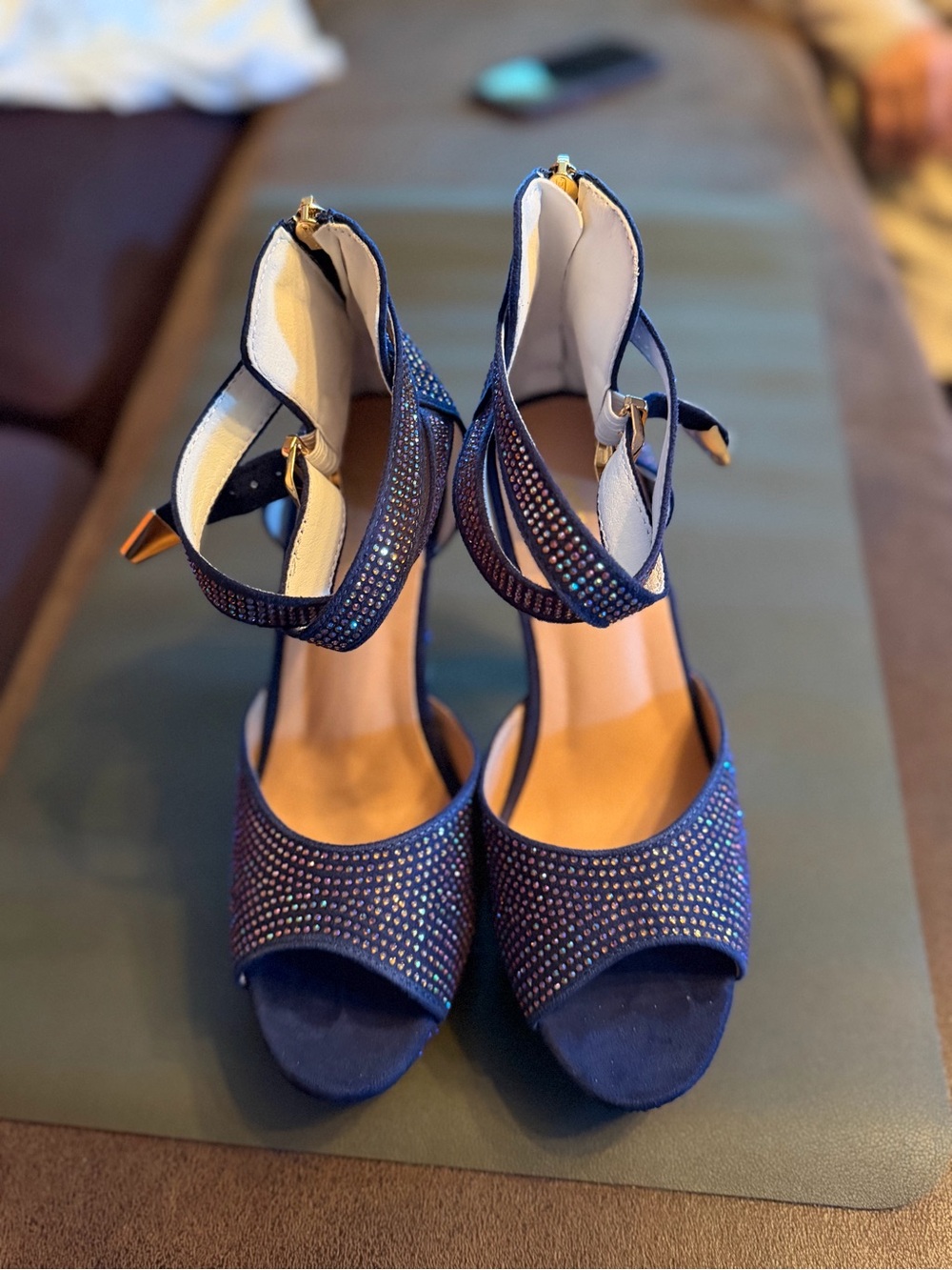 Women's Navy Blue Crystal Ankle-Strap Heels